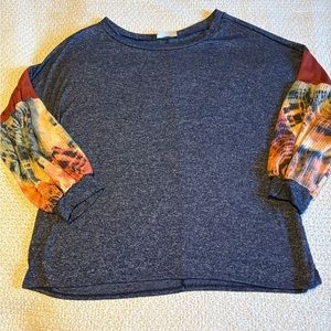Haptics Blue Long Sleeve Top with Colorful Tie-dye Sleeves